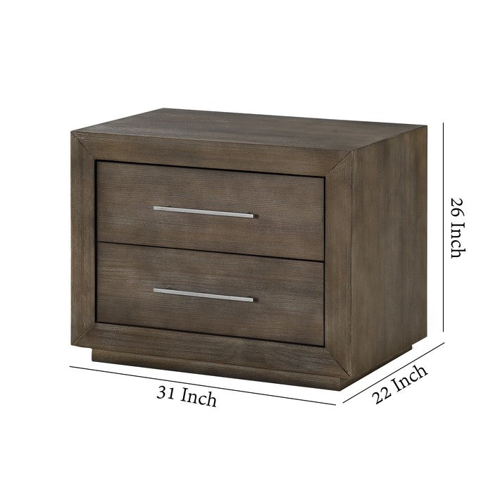 2 Drawer Wooden Nightstand with Metal Bar Handles, Dark Pine