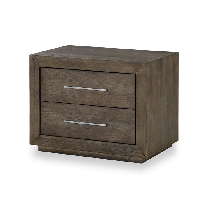 2 Drawer Wooden Nightstand with Metal Bar Handles, Dark Pine