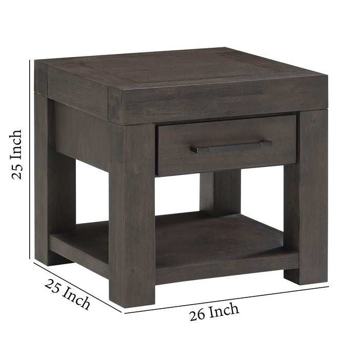 1 Drawer Wooden End Table with Bar Handles and Open Shelf, Brown