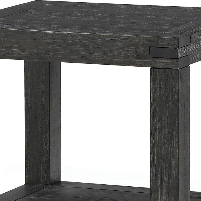 Wooden End Table with Block Legs and Open Shelf, Dark Gray