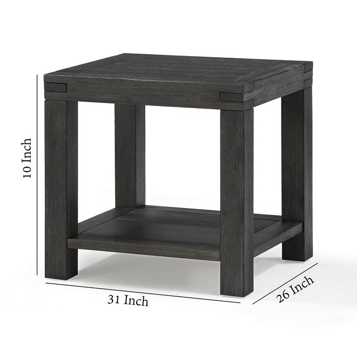 Wooden End Table with Block Legs and Open Shelf, Dark Gray