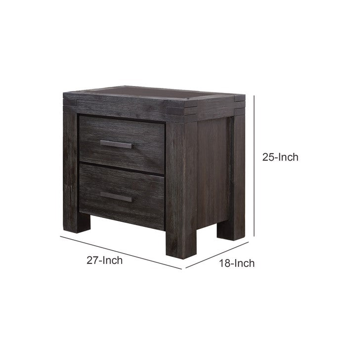 2 Drawer Nightstand with Block Legs and Metal Bar Pulls, Dark Gray