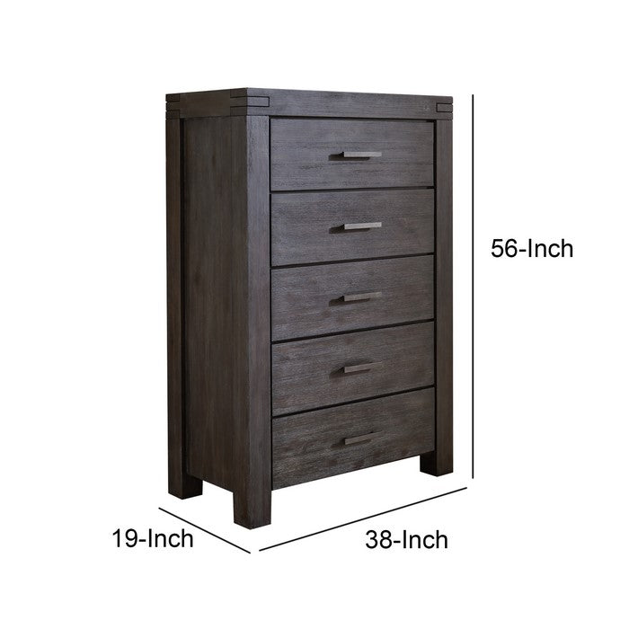 5 Drawer Wooden Chest with Block Legs and Metal Bar Pulls, Dark Gray