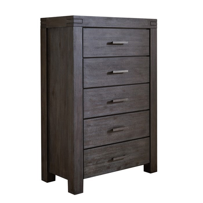 5 Drawer Wooden Chest with Block Legs and Metal Bar Pulls, Dark Gray