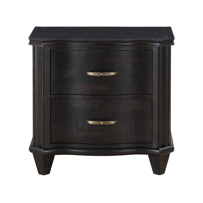 2 Drawer Transitional Wooden Nightstand with Bow Front Drawers, Black