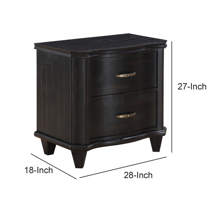 2 Drawer Transitional Wooden Nightstand with Bow Front Drawers, Black