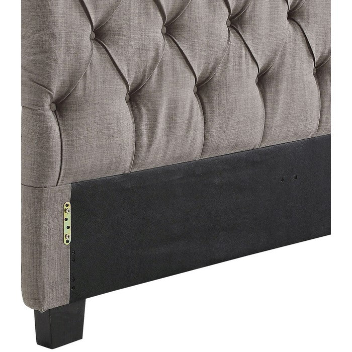 Linen Upholstered Queen Size Button Tufted Headboard, Gray and Black