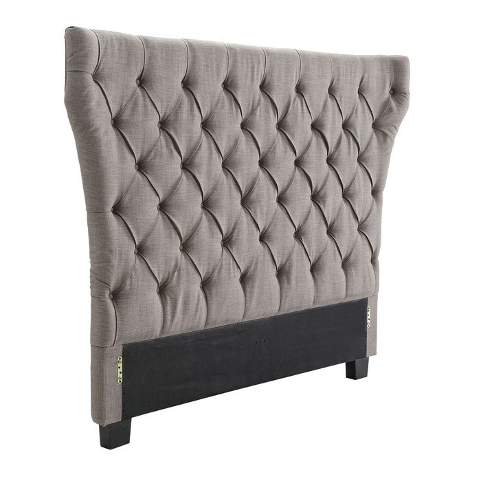 Linen Upholstered Queen Size Button Tufted Headboard, Gray and Black