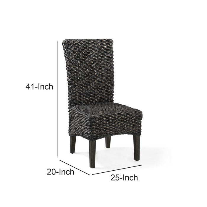 Woven Water Hyacinth Wooden Chair with Tapered Legs, Black