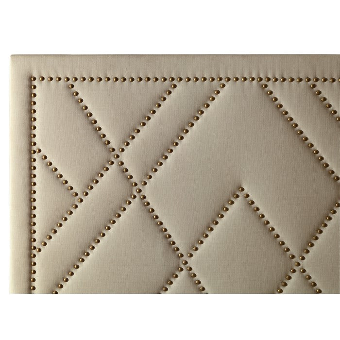 Linen Upholstered Queen Size Headboard with Nailhead Trims, Beige