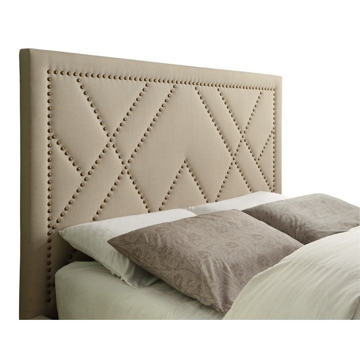 Linen Upholstered Queen Size Headboard with Nailhead Trims, Beige