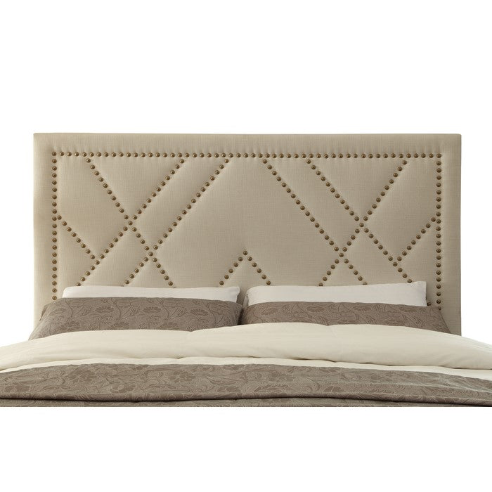 Linen Upholstered Queen Size Headboard with Nailhead Trims, Beige