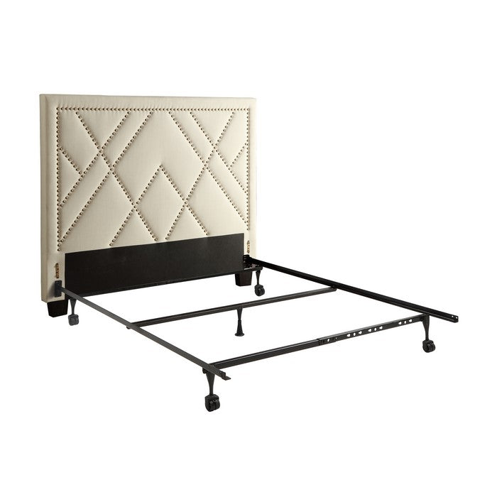 Linen Upholstered Queen Size Headboard with Nailhead Trims, Beige