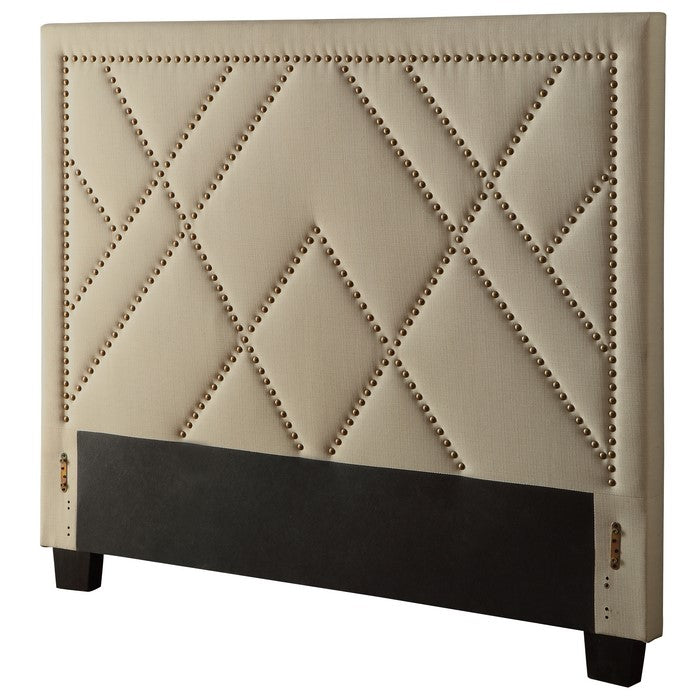 Linen Upholstered Queen Size Headboard with Nailhead Trims, Beige