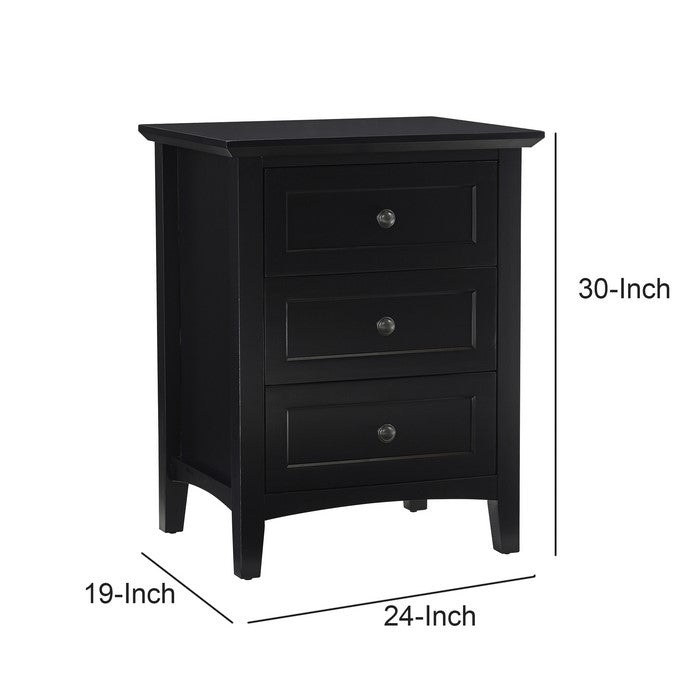 3 Drawer Wooden Nightstand with Tapered Legs and Arched Base, Black