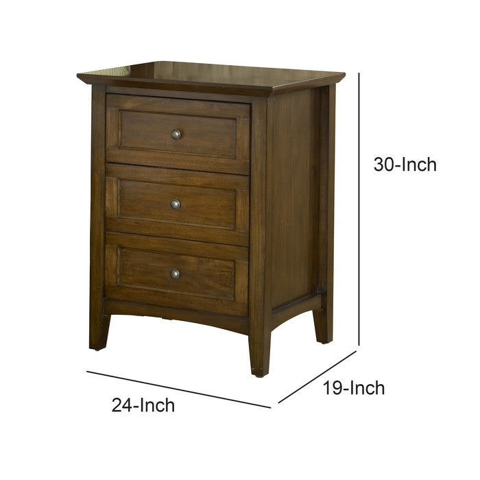 3 Drawer Wooden Nightstand with Tapered Legs and Arched Base, Brown