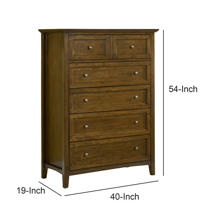 5 Drawer Wooden Chest with Tapered Legs and Arched Base, Brown
