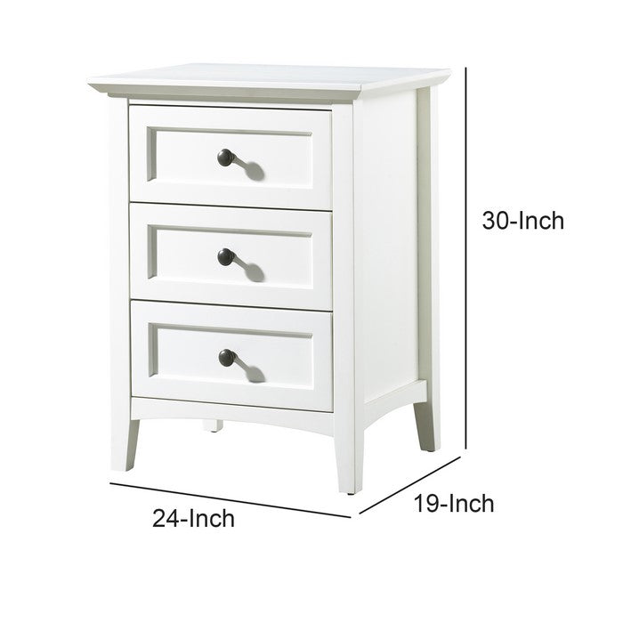 3 Drawer Wooden Nightstand with Tapered Legs and Arched Base, White