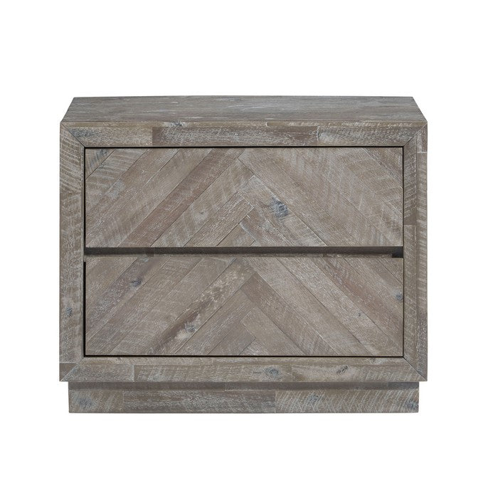 2 Drawer Wooden Nightstand with Herringbone Pattern, Weathered Brown