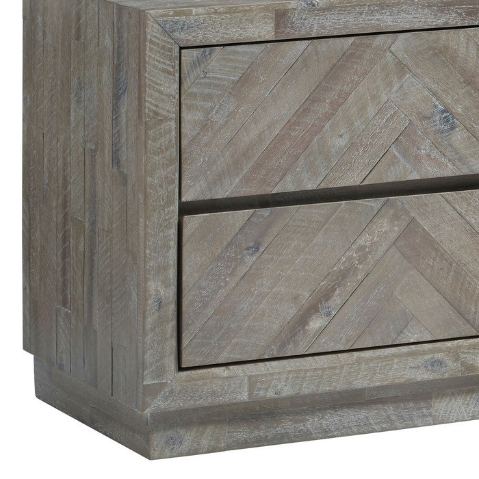 2 Drawer Wooden Nightstand with Herringbone Pattern, Weathered Brown