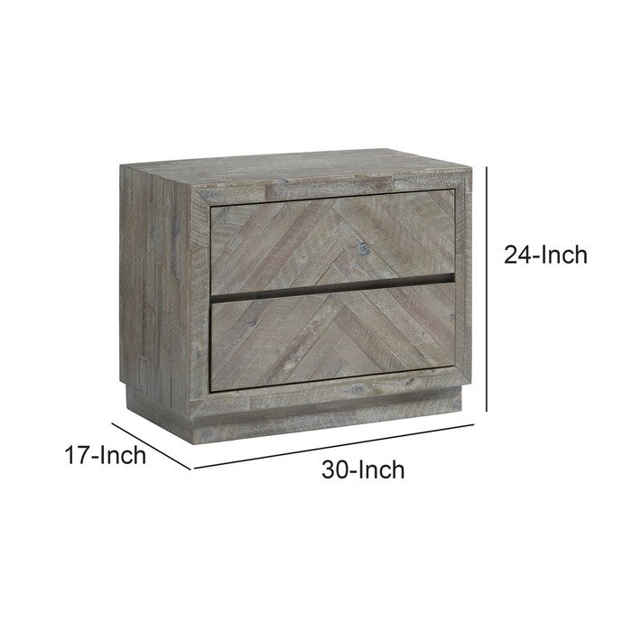 2 Drawer Wooden Nightstand with Herringbone Pattern, Weathered Brown