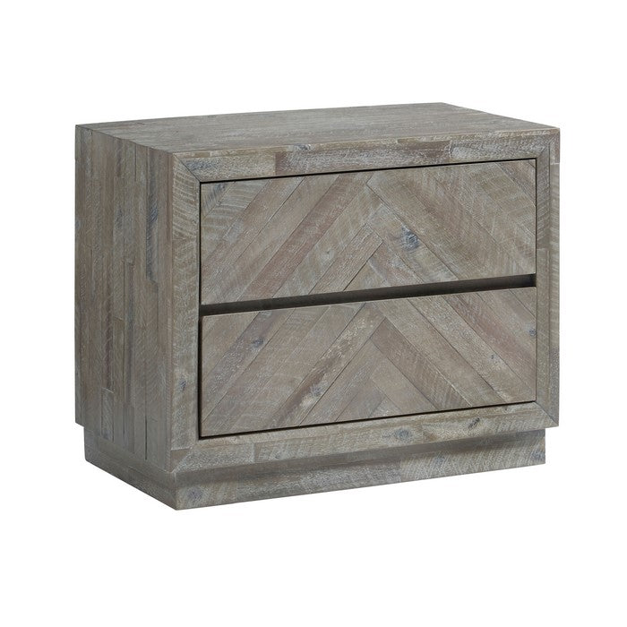 2 Drawer Wooden Nightstand with Herringbone Pattern, Weathered Brown
