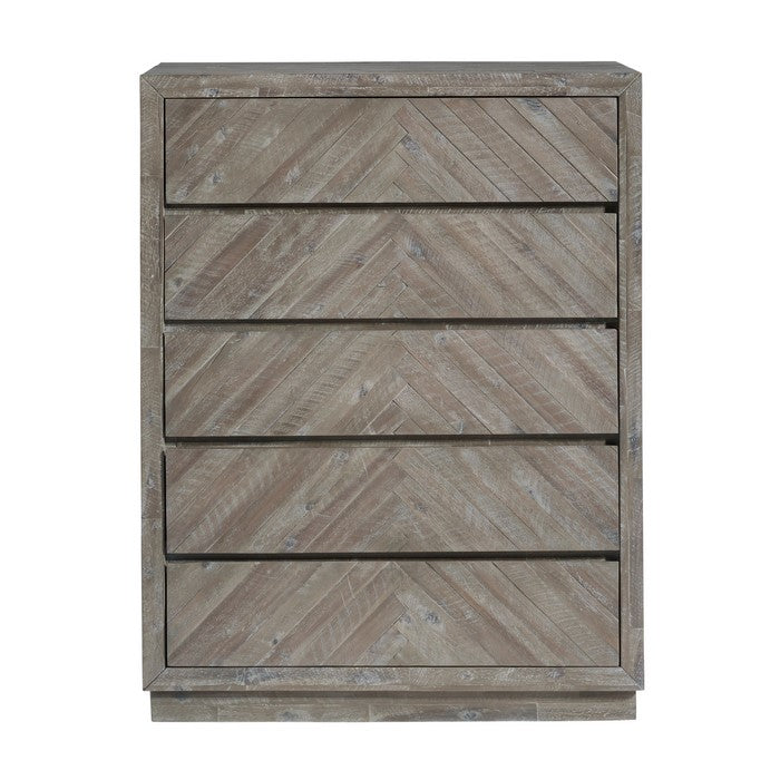 5 Drawer Wooden Chest with Herringbone Pattern, Weathered Brown