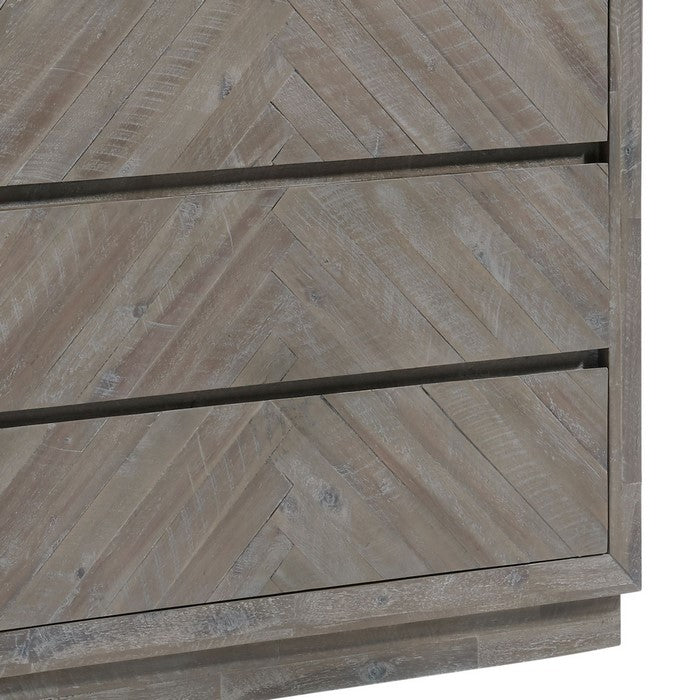 5 Drawer Wooden Chest with Herringbone Pattern, Weathered Brown