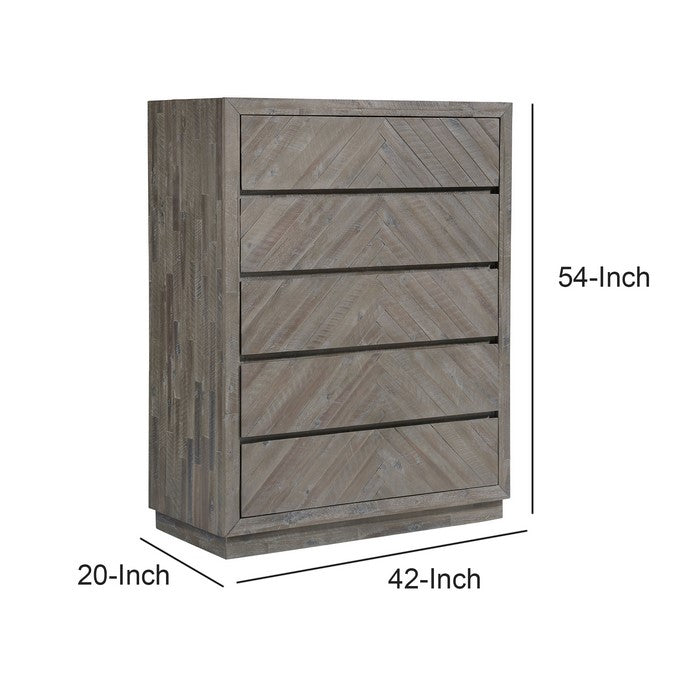 5 Drawer Wooden Chest with Herringbone Pattern, Weathered Brown