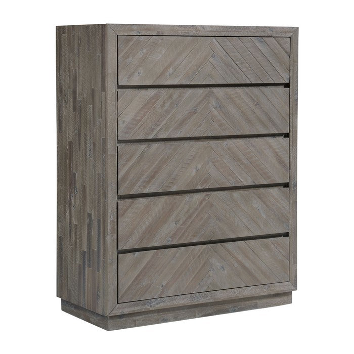 5 Drawer Wooden Chest with Herringbone Pattern, Weathered Brown