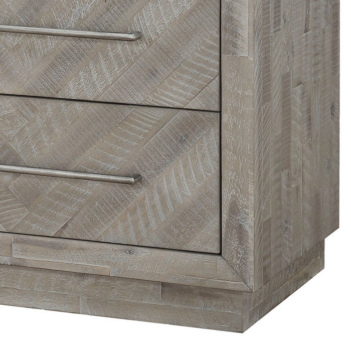 Wooden Nightstand with Herringbone Pattern and 2 Drawers, Weathered Brown