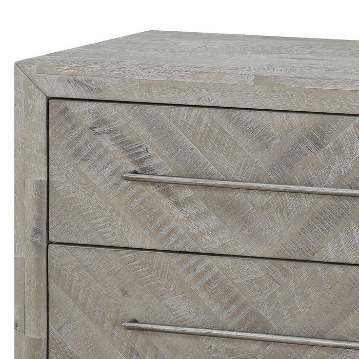 Wooden Nightstand with Herringbone Pattern and 2 Drawers, Weathered Brown