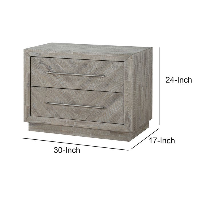 Wooden Nightstand with Herringbone Pattern and 2 Drawers, Weathered Brown