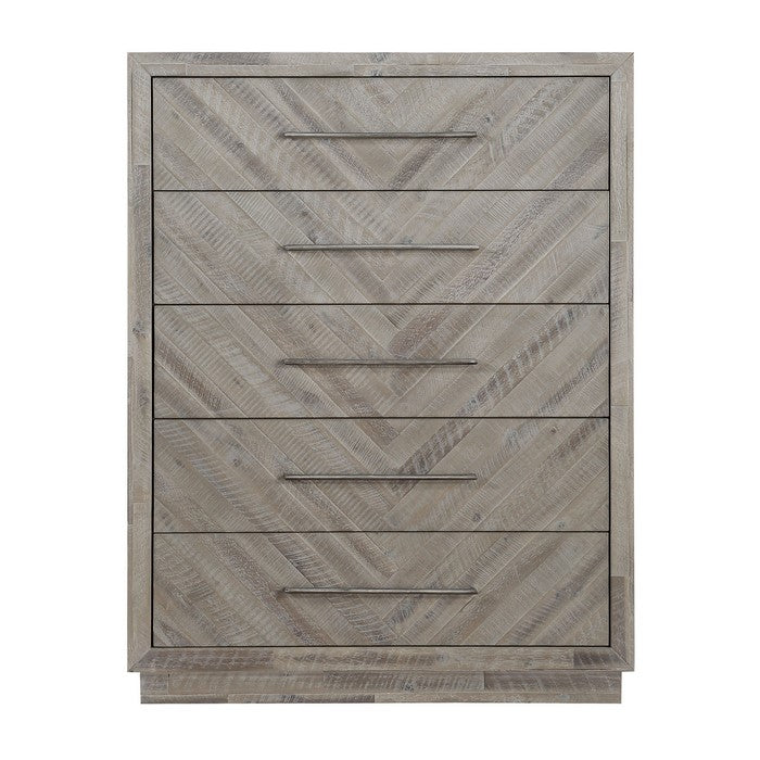 5 Drawer Chest with Herringbone Pattern and Bar Handles, Weathered Brown
