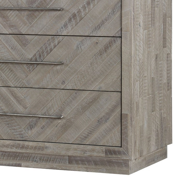 5 Drawer Chest with Herringbone Pattern and Bar Handles, Weathered Brown