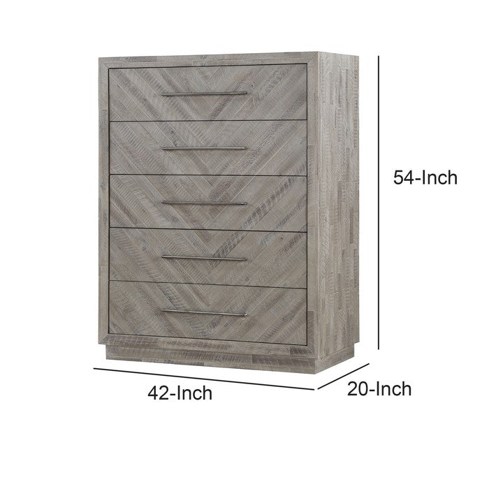 5 Drawer Chest with Herringbone Pattern and Bar Handles, Weathered Brown
