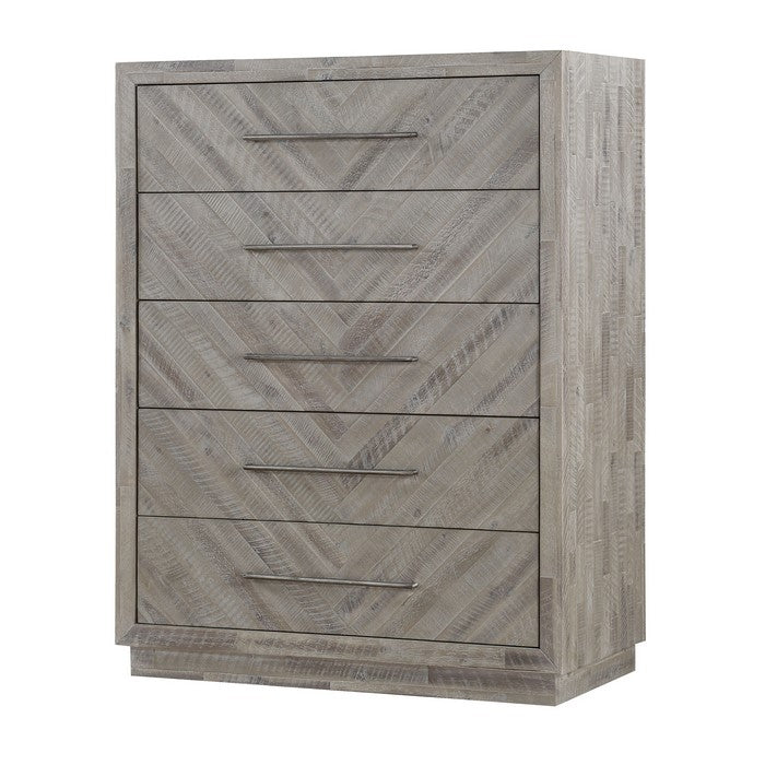 5 Drawer Chest with Herringbone Pattern and Bar Handles, Weathered Brown