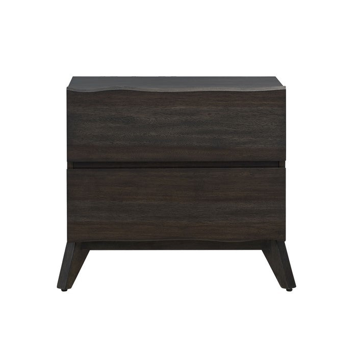 2 Drawer Wooden Nightstand with Angled Legs and Wavy Front, Brown