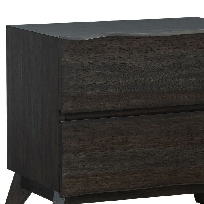2 Drawer Wooden Nightstand with Angled Legs and Wavy Front, Brown