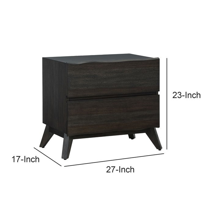 2 Drawer Wooden Nightstand with Angled Legs and Wavy Front, Brown