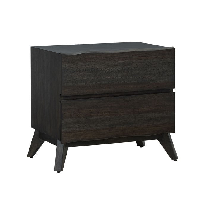 2 Drawer Wooden Nightstand with Angled Legs and Wavy Front, Brown
