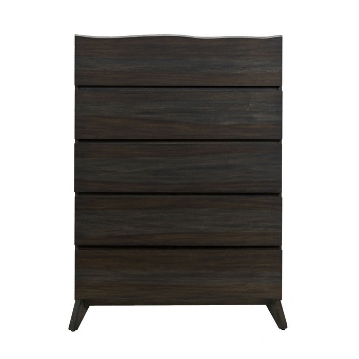 5 Drawer Wooden Chest with Angled Legs and Wavy Front, Brown