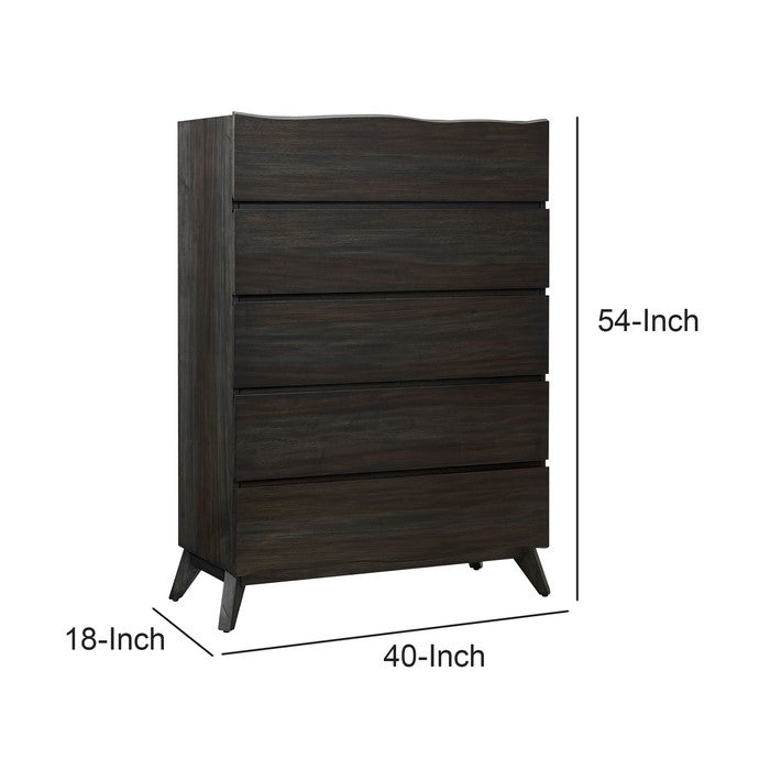 5 Drawer Wooden Chest with Angled Legs and Wavy Front, Brown