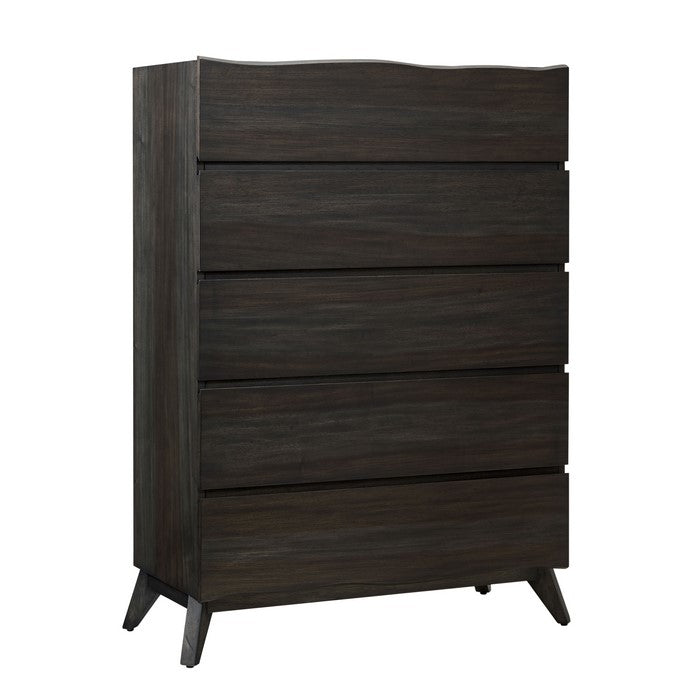 5 Drawer Wooden Chest with Angled Legs and Wavy Front, Brown