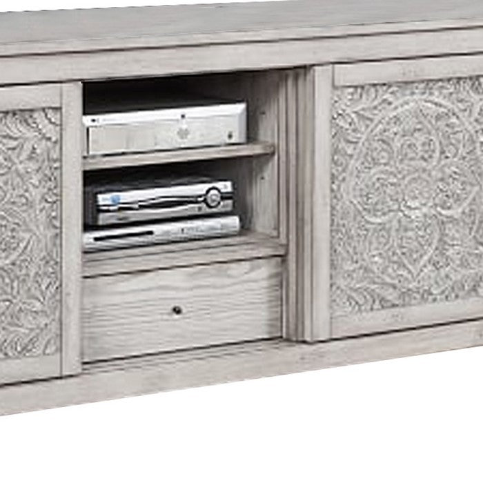 Wooden TV Console with 2 Polyresin Carved Cabinets and 1 Drawer, Gray