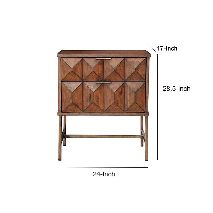 2 Drawer Nightstand with Honeycomb Design and Metal Legs, Brown