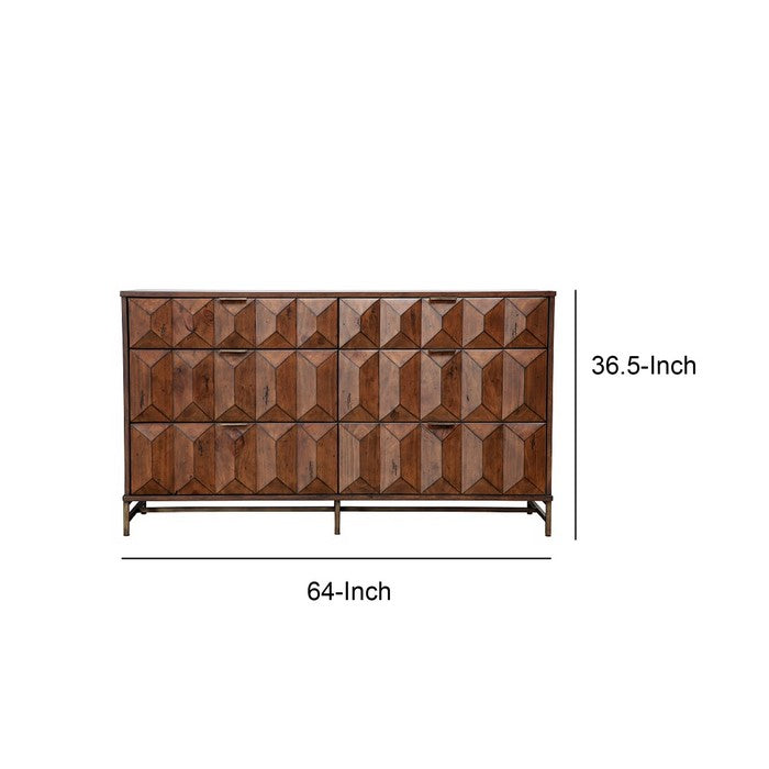 6 Drawer Dresser with Honeycomb Design and Metal Legs, Brown