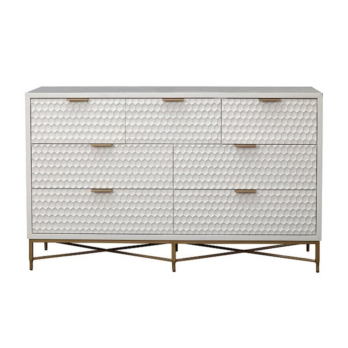 Honeycomb Design 7 Drawer Dresser with Metal Legs, White