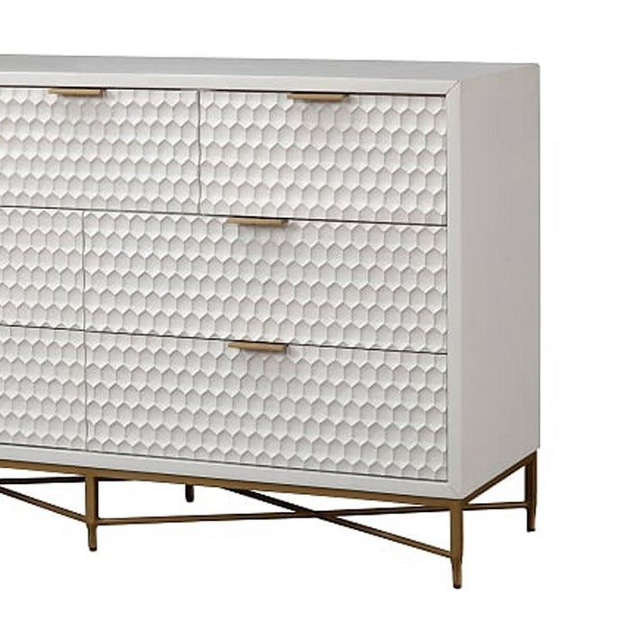 Honeycomb Design 7 Drawer Dresser with Metal Legs, White