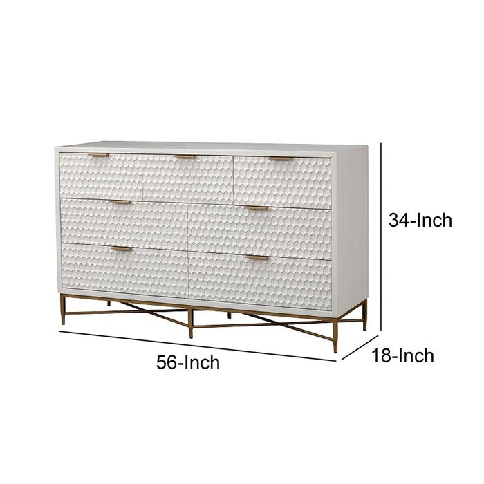 Honeycomb Design 7 Drawer Dresser with Metal Legs, White